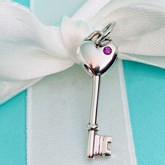 Tiffany & Co Heart Key pink sapphire  charm 925 silver w/box - Picture 1 of 5